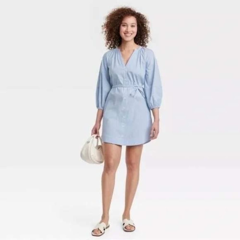 A New Day Striped Button Front Tunic Shirtdress Womens Sz 4X Blue Balloon Sleeve